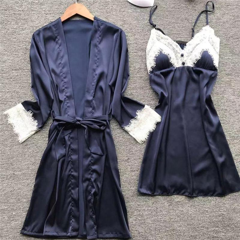Women Satin Lace Sleepwear 2 PCS Nightgown Sexy Robe Set Bridesmaid Intimate - MinoExpress