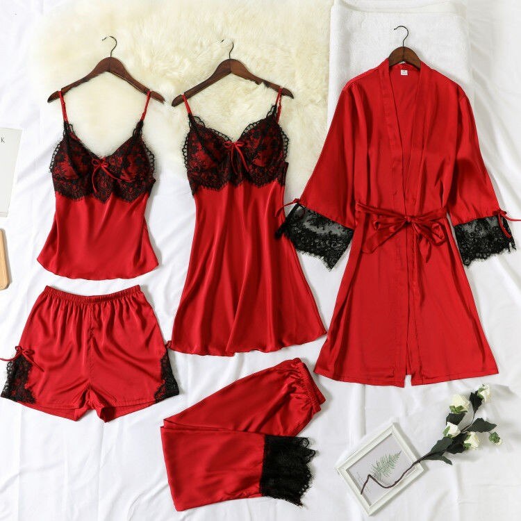 5 Pcs Sleepwear Women Sexy Robe Gown Silky Sleepwear Nightgown