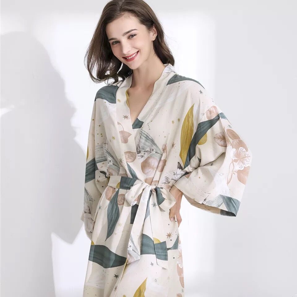 Women Sexy Lingerie Cotton Bathrobe Flower Print Satin Nightgowns Sleepwear