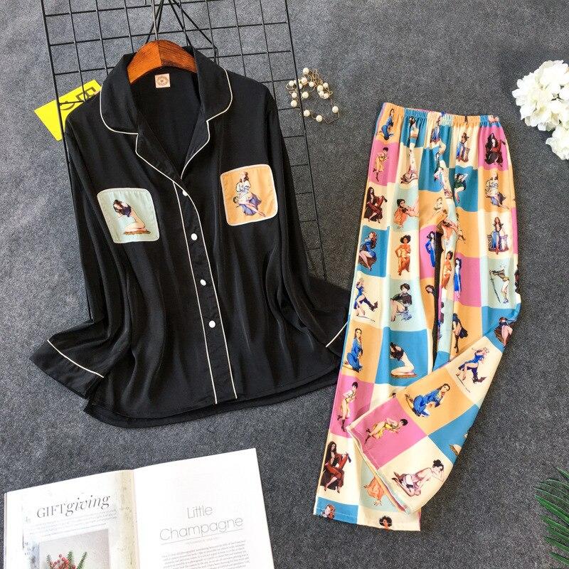 Women Printing Pajama Set Sweet Lovely Rayon Long Sleeve Trousers Twinset - MinoExpress