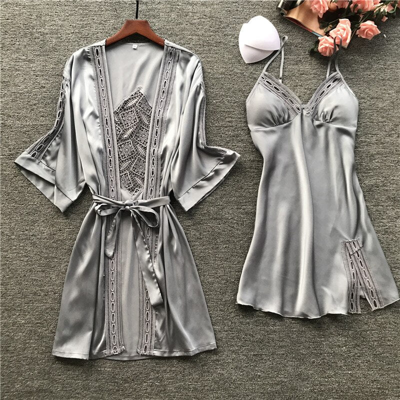 Women Satin Lace Sleepwear 2 PCS Nightgown Sexy Robe Set Bridesmaid Intimate - MinoExpress