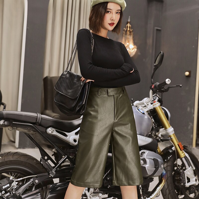 Women British Style PU Leather Short High Waist Trouser Plus Size