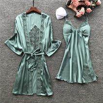 Women Satin Lace Sleepwear 2 PCS Nightgown Sexy Robe Set Bridesmaid Intimate - MinoExpress