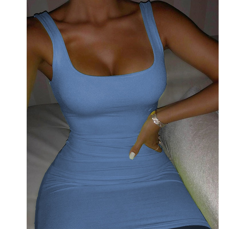 Women Square Neck Sleeveless Mini Dress Bodycon Sexy Backless Party Bodycon