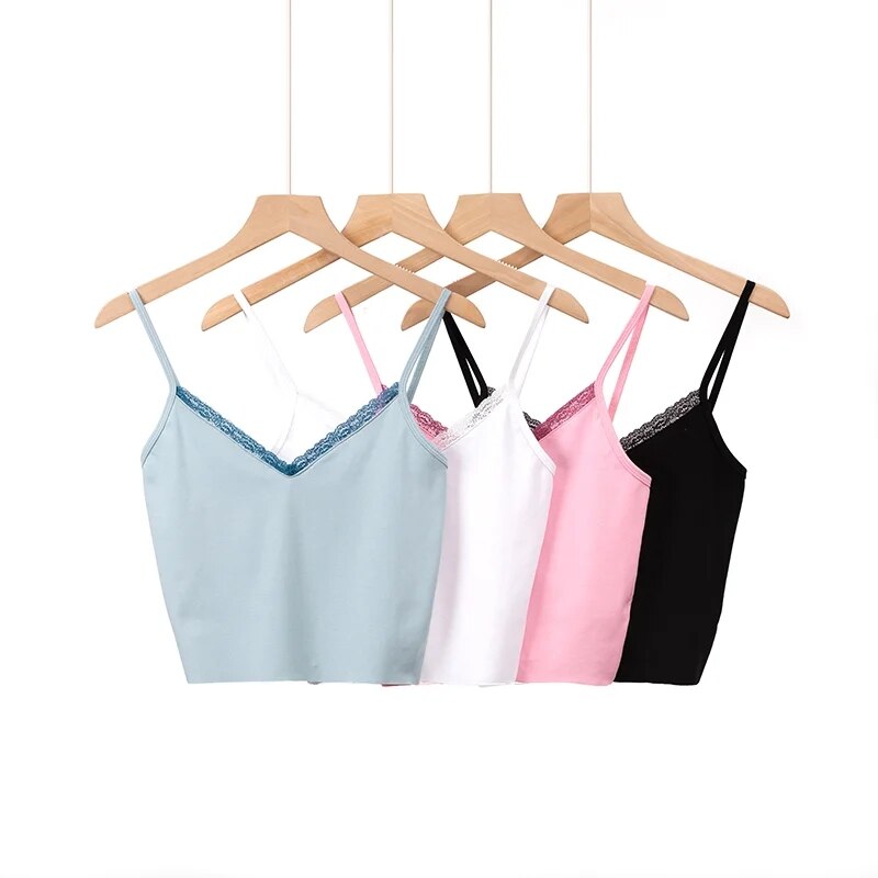 Women V-Neck Cropped Cami Top With Lace Vest Tank