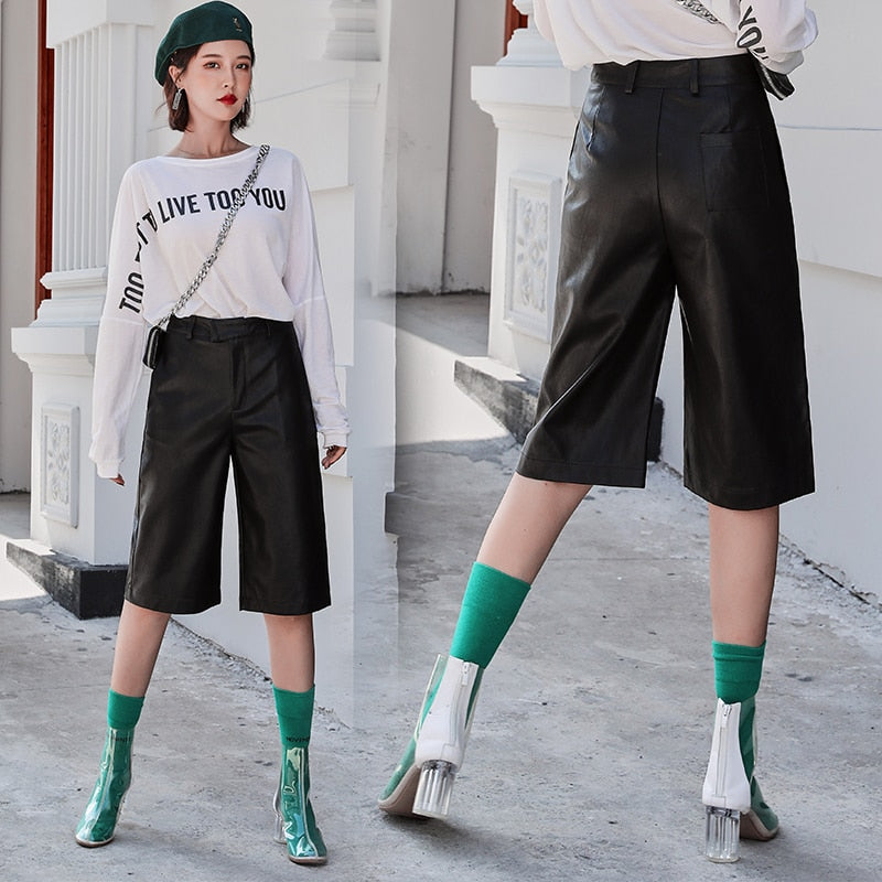 Women British Style PU Leather Short High Waist Trouser Plus Size