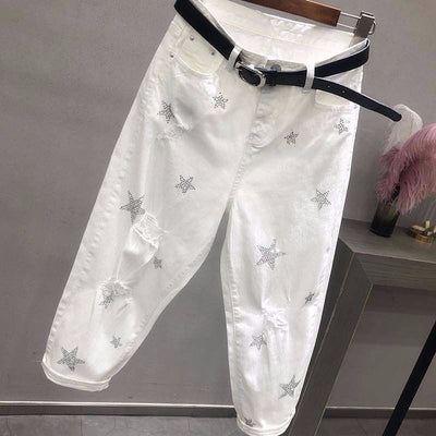 Women White Jeans High Waist Vintage Loose Denim Pants Casual Ankle-Length