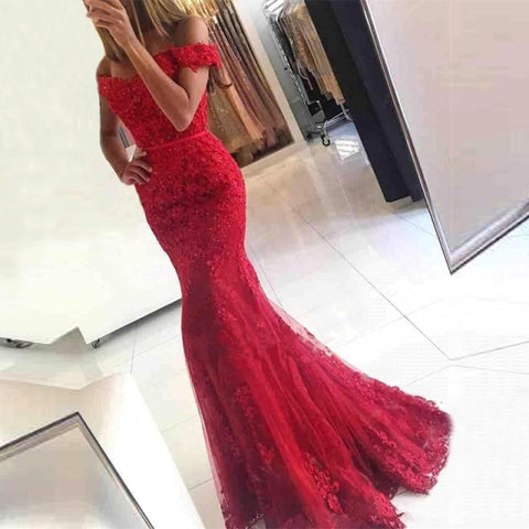 Women Off Shoulder Long Mermaid Evening Dresses Lace Formal Gowns (1)