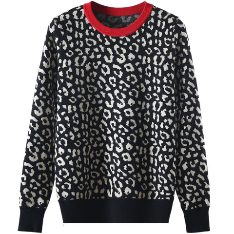 Women Leopard Knitted Pullovers Long Sleeve Crewneck Jumpers