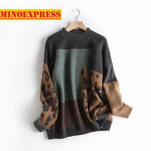 Women Vintage Leopard Pullover Knit Loose Korean Slim Pull Jumpers