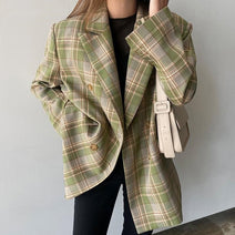 Women Vintage Loose Plaid Blazer Chic Long Sleeve Suit Jackets