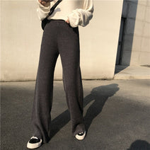 Women Loose Elastic Waist Trousers Straight Leg Knitted Floor-Length Pants