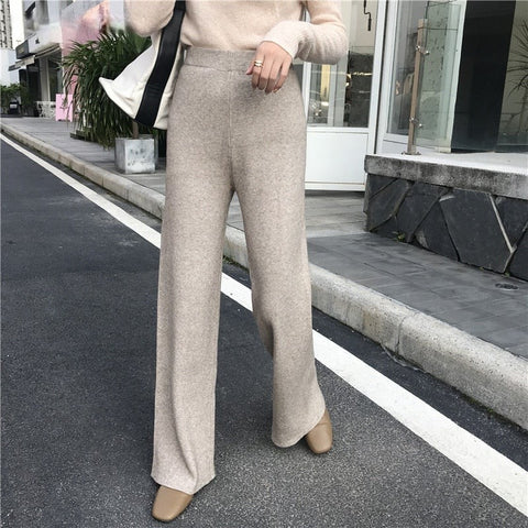 Women Loose Elastic Waist Trousers Straight Leg Knitted Floor-Length Pants