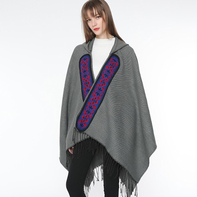 Women Solid Cape Cloaks Hoodie Floral Embroidery Chic Poncho Capes