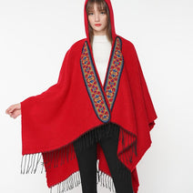 Women Solid Cape Cloaks Hoodie Floral Embroidery Chic Poncho Capes