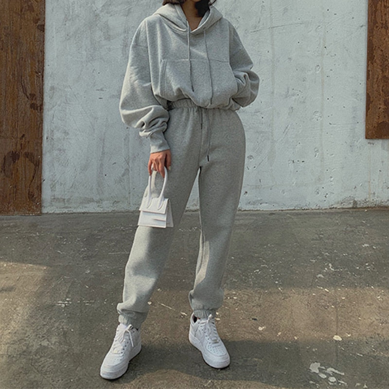 Women Hoodies Suit Solid Casual Tracksuit Velvet 2 Pcs Set Sports Sweatshirts