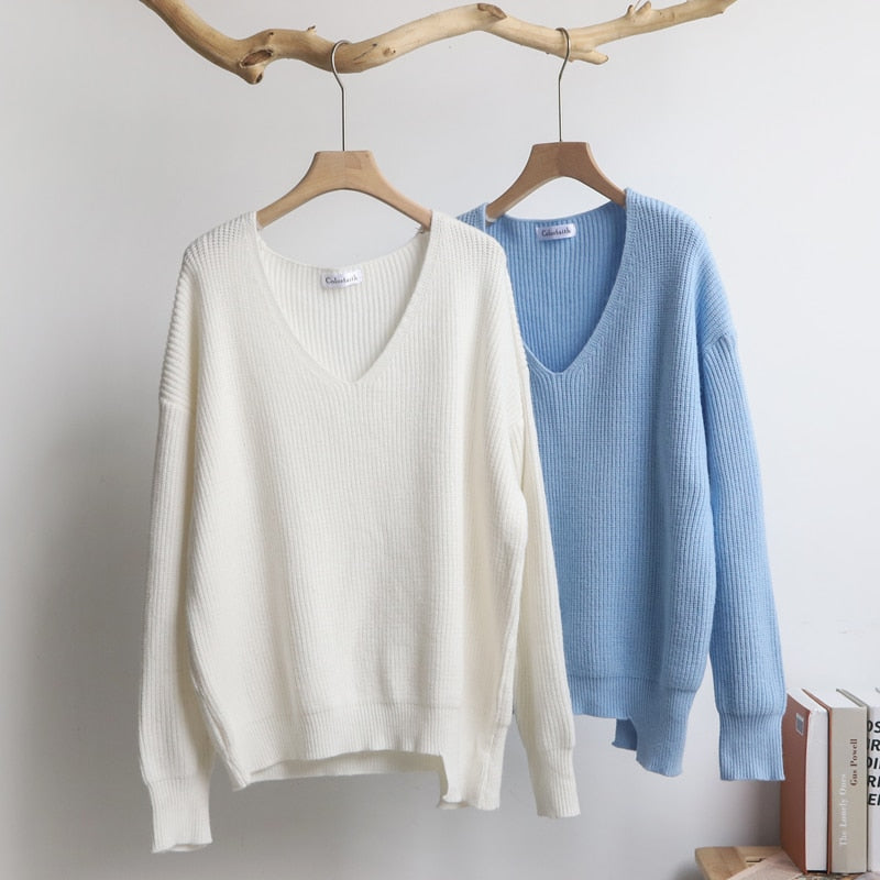 Women Oversized Sexy V-Neck Tops Knitted Casual Pullovers