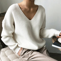 Women Oversized Sexy V-Neck Tops Knitted Casual Pullovers