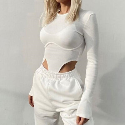 Women O Neck High Waist Sexy Hollow Out Top Bodysuit