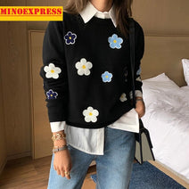 Women Korean Floral Embroidery Pullover High Quality Elegant O Neck Knitted Tops