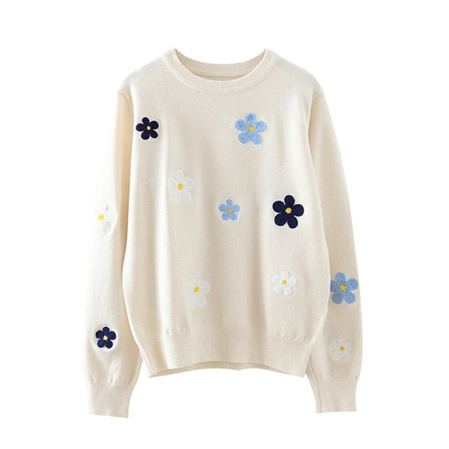 Women Korean Floral Embroidery Pullover High Quality Elegant O Neck Knitted Tops