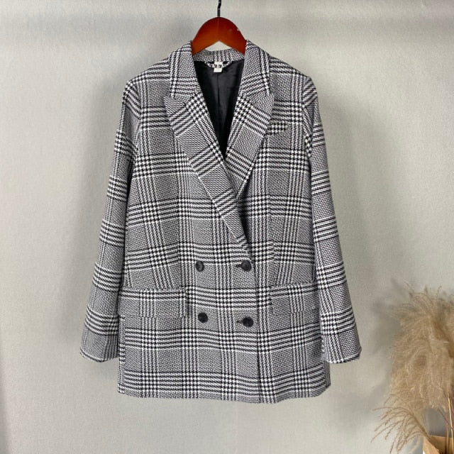 Women Vintage Plaid Blazer Double Breasted Suit Jacket Oversized