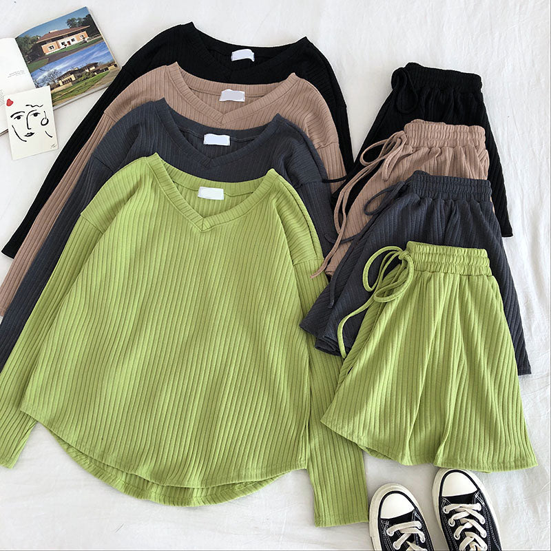 Women Casual 2 Pcs Set V-Neck Long Sleeve Loose Knit Top + High Waist Hip Elastic Wide Leg Shorts
