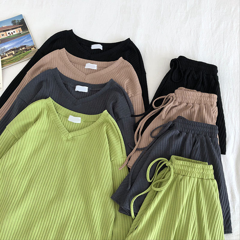 Women Casual 2 Pcs Set V-Neck Long Sleeve Loose Knit Top + High Waist Hip Elastic Wide Leg Shorts