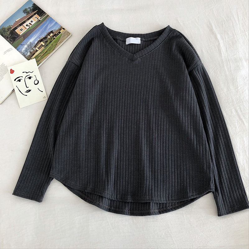 Women Casual 2 Pcs Set V-Neck Long Sleeve Loose Knit Top + High Waist Hip Elastic Wide Leg Shorts