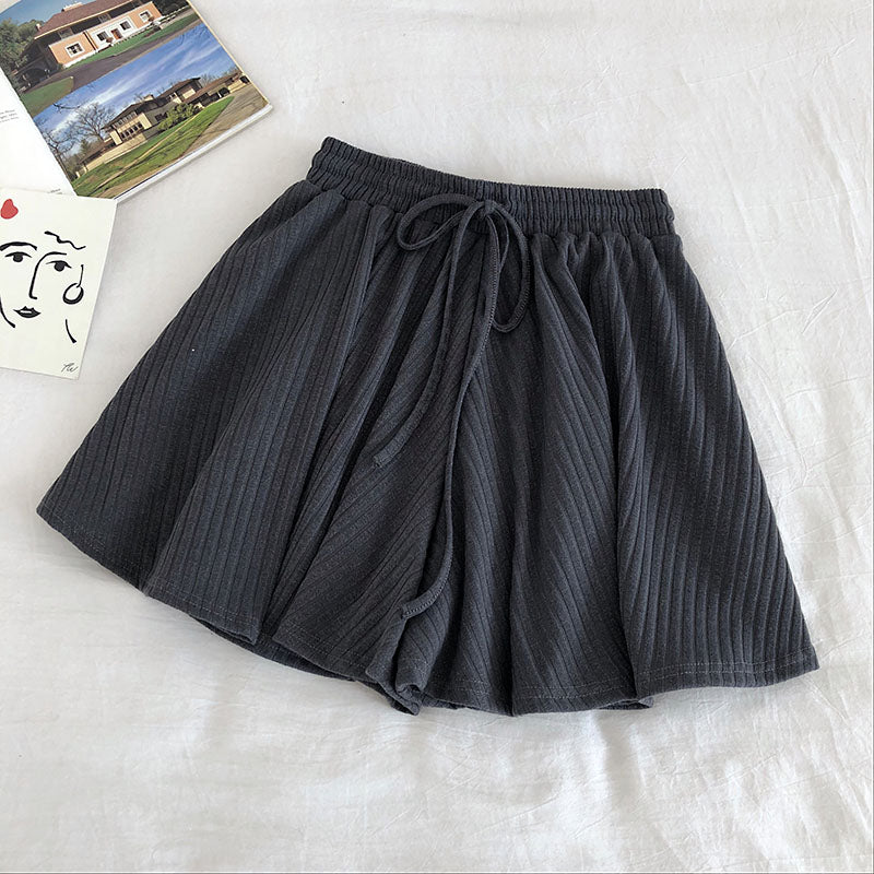Women Casual 2 Pcs Set V-Neck Long Sleeve Loose Knit Top + High Waist Hip Elastic Wide Leg Shorts