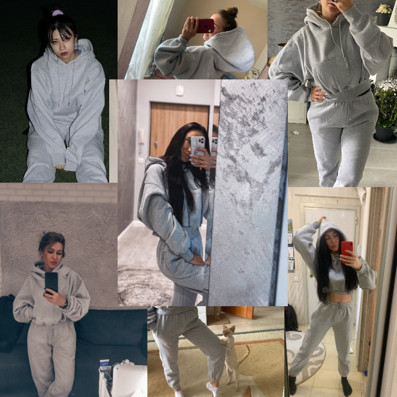 Women Hoodies Suit Solid Casual Tracksuit Velvet 2 Pcs Set Sports Sweatshirts